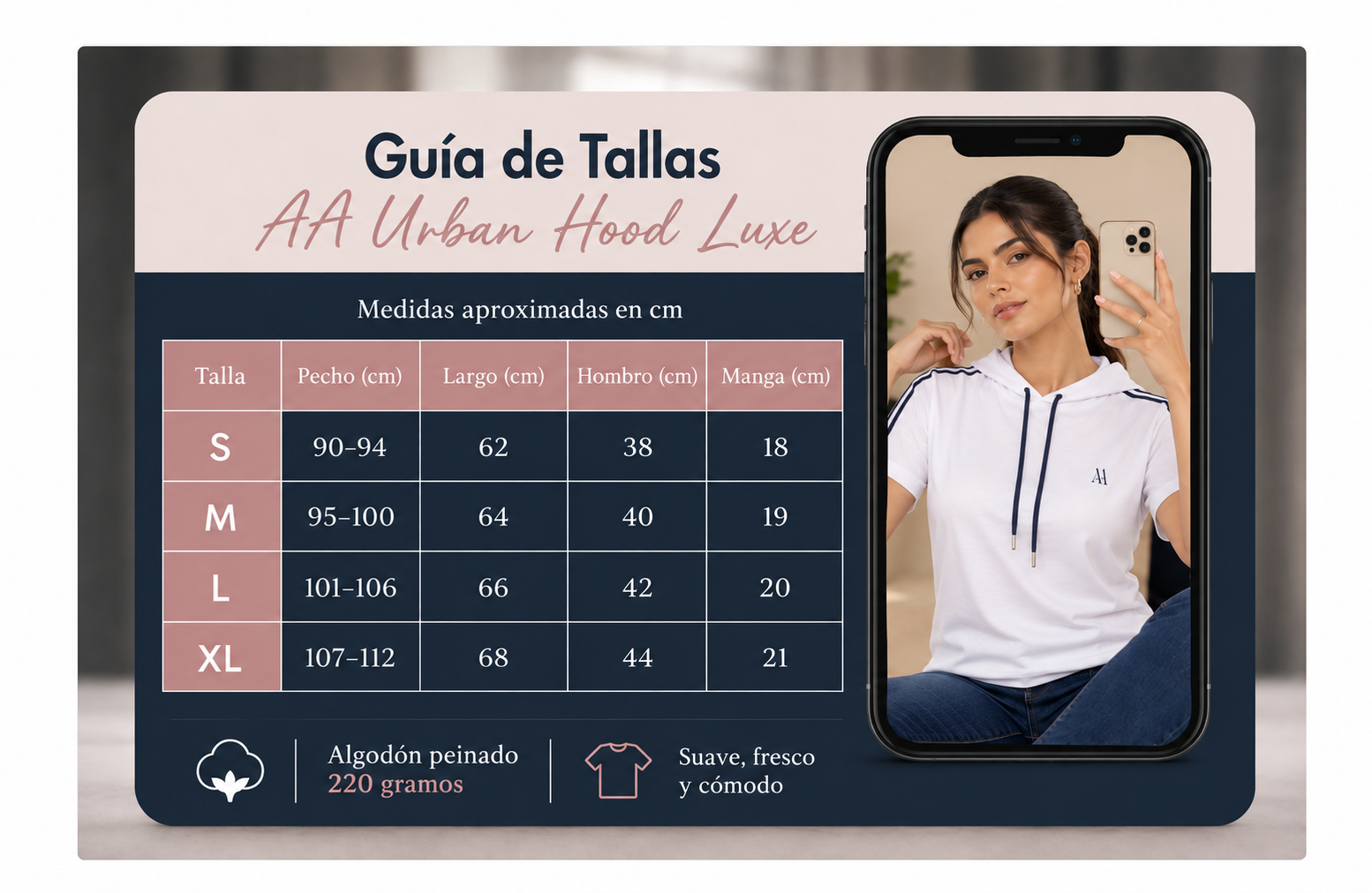 Guía de tallas S, M, L y XL de AA Urban Hood Luxe con medidas de pecho, largo, hombro y manga